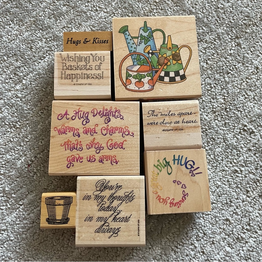 Set of 8 Assorted Wooden Stamps with Designs and Friendly Sayings